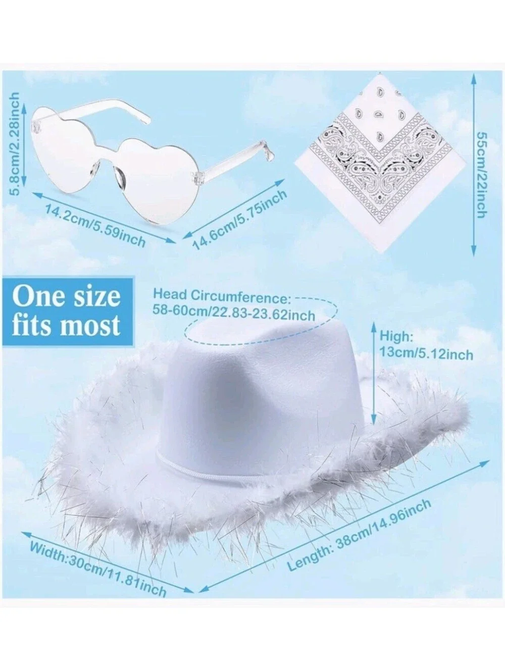 Feather Cowgirl Hat with Paisley Bandana & Heart Glasses 1-Set White